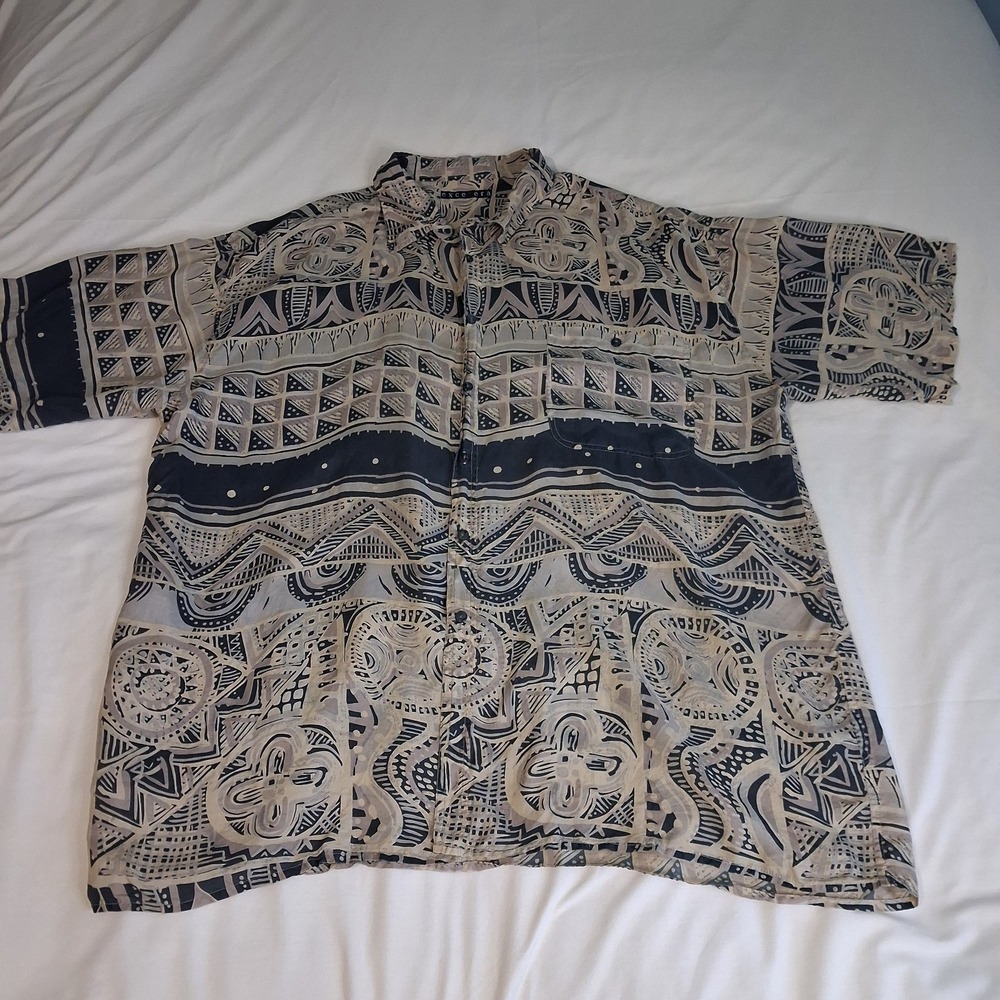 Excetera‎ Vintage XL Silky Short Sleeve Shirt Geometric Tribal Club Multicolor